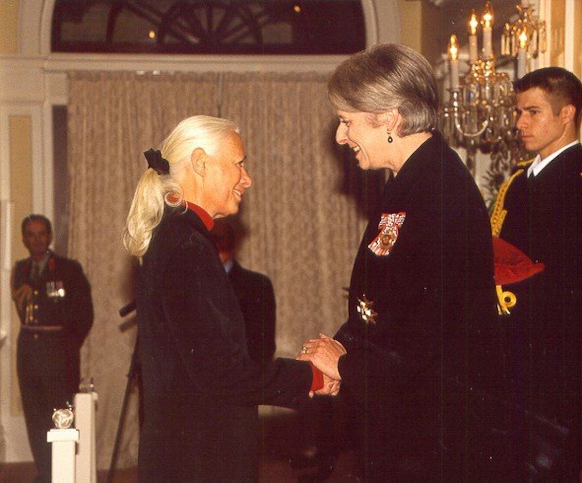 New Zealand Governor-General Silvia Cartwright (right) congratulates Robin White on her award.