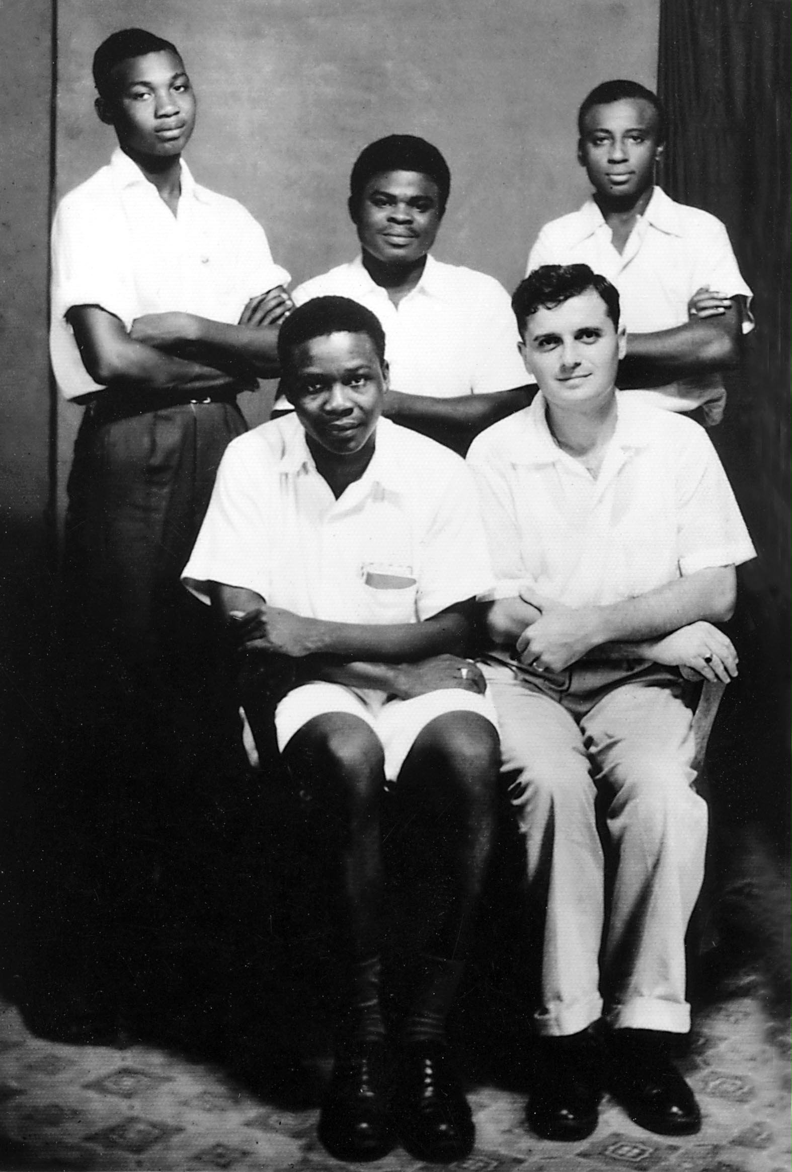 Baha'is who played an historic role in Cameroon. Front (left to right): Enoch Olinga, Ali Nakhjavani. Back (left to right): Benedict Eballa, David Tanyi, and Samuel Njiki, 1954.