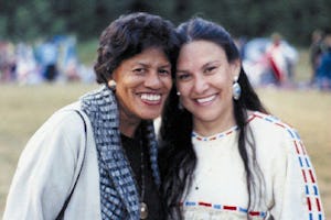 Ruth Pringle with a colleague, Jacqueline Left Hand Bull at a pow wow in Shawnigan Lake, British Columbia, Canada, 1991.