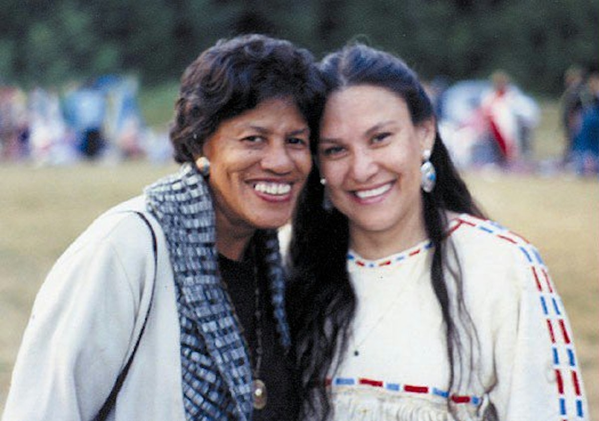Ruth Pringle with a colleague, Jacqueline Left Hand Bull at a pow wow in Shawnigan Lake, British Columbia, Canada, 1991.