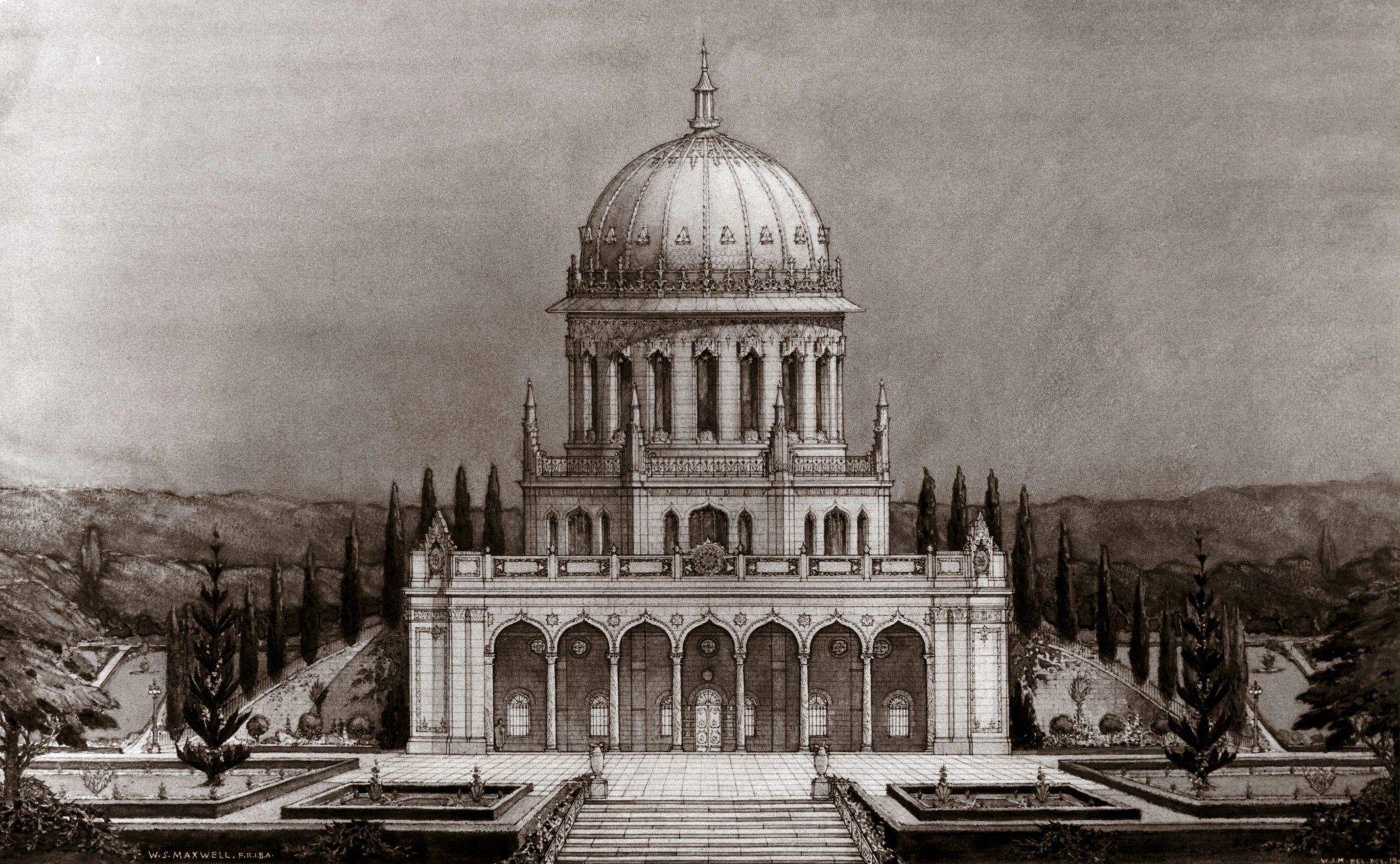 Drawing by William Sutherland Maxwell of the Shrine of the Bab with the superstructure he designed, 1944.