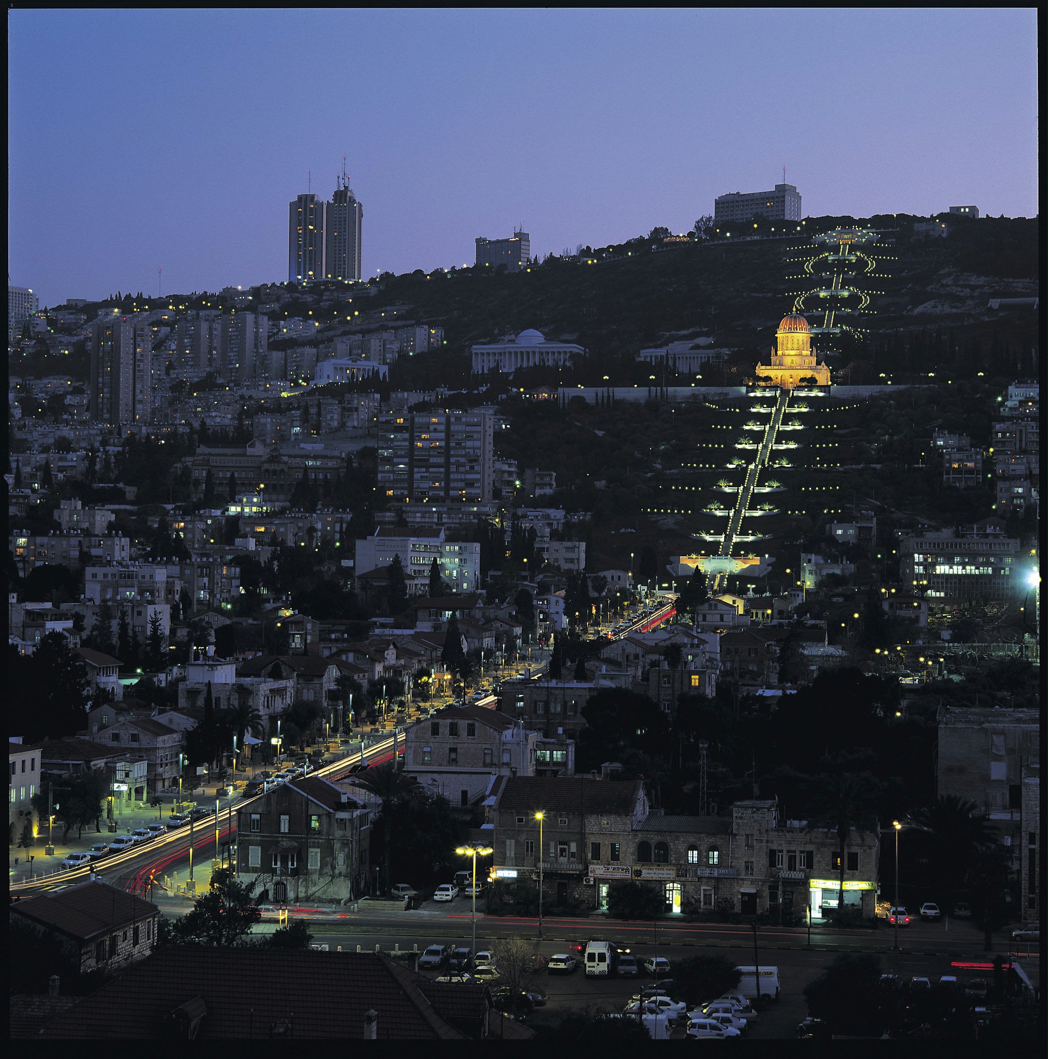 The Shrine of the Bab and its Terraces at night.