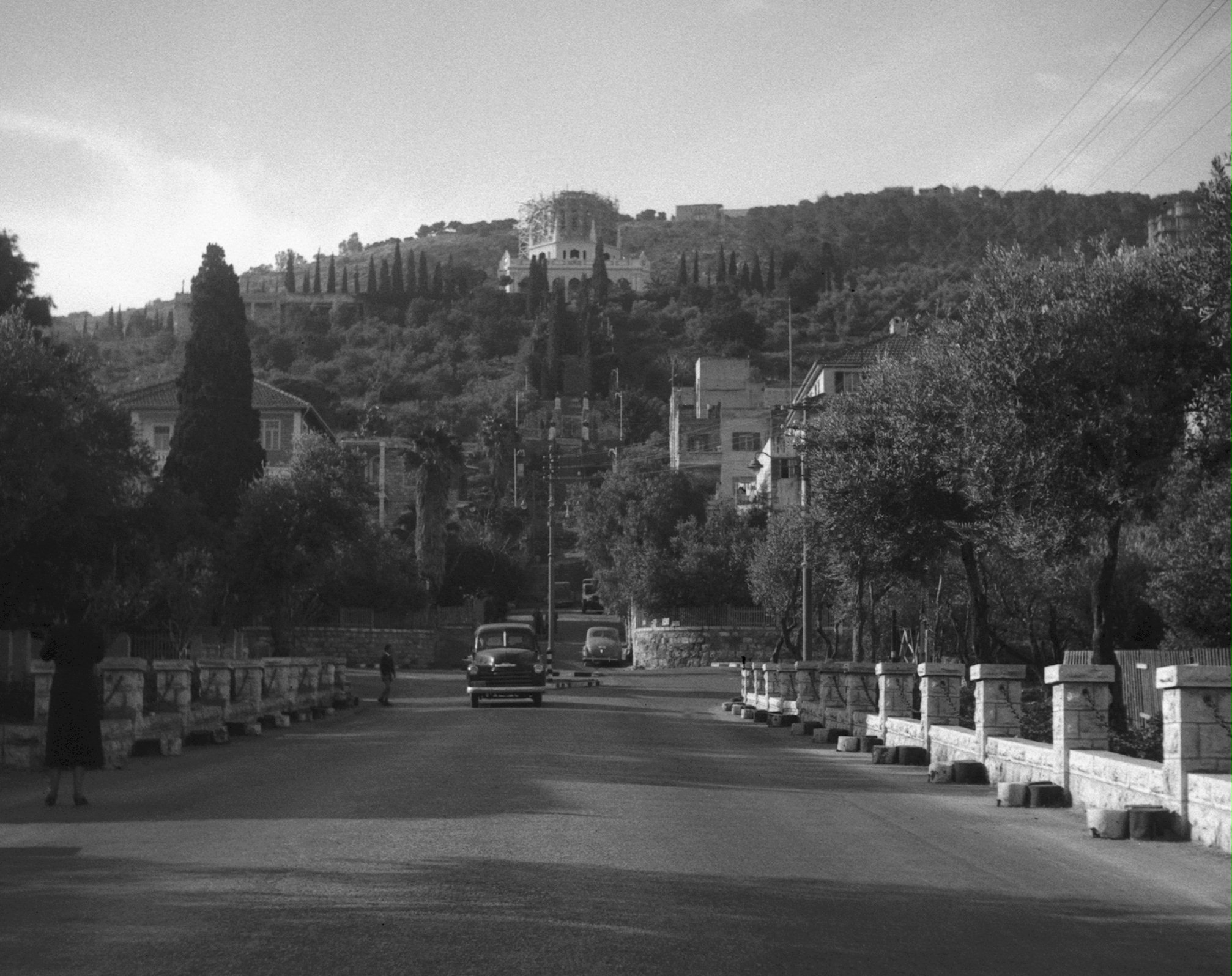 Construction of the superstructure of the Shrine of the Bab viewed from the base of Mount Carmel, 1952.