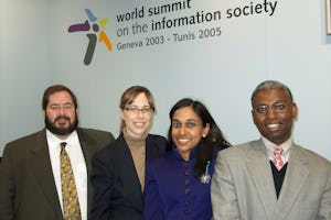 The Baha'i delegation (left to right): Michael Quinn (United States), Bahiyyih Chaffers (Canada), Laina Raveendran Greene (Singapore), Karanja Gakio (Botswana).