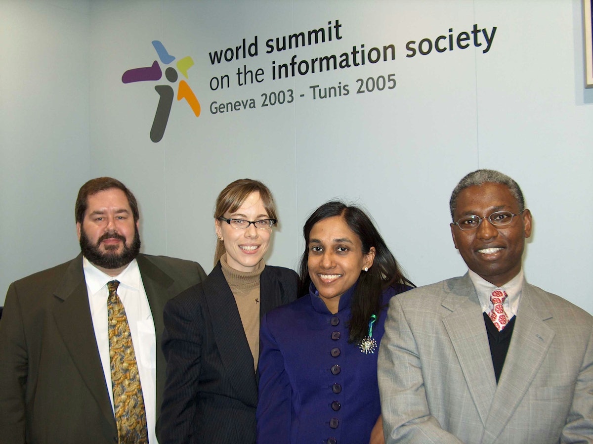 The Baha'i delegation (left to right): Michael Quinn (United States), Bahiyyih Chaffers (Canada), Laina Raveendran Greene (Singapore), Karanja Gakio (Botswana).