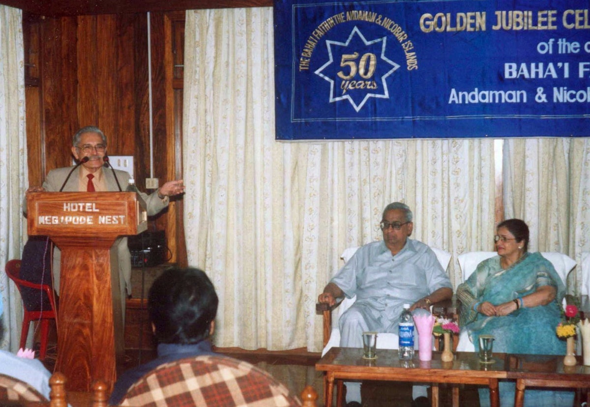 The Lt. Governor of the Andaman and Nicobar Islands, Shri N. N. Jha and the First Lady, Smti Chaya Jha, (seated at front) listen to address by Jamshed Fozdar.