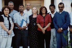 Members of the National Spiritual Assembly of Mauritius with Poova Murday, Knight of Baha'u'llah for Chagos (third from right), and his wife, Patricia Murday (fifth from right).
