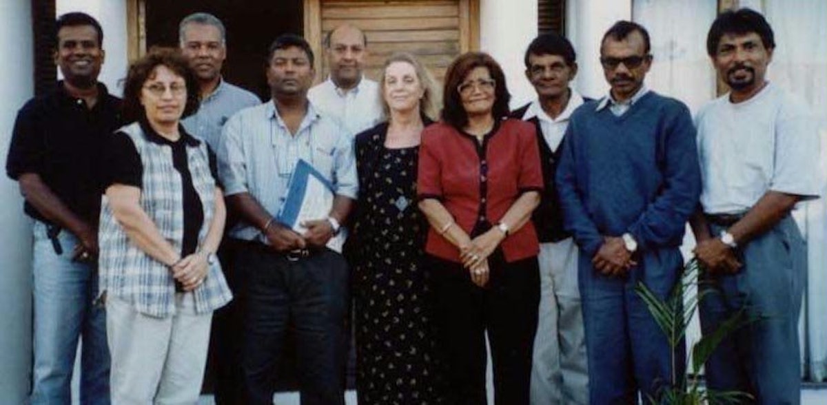 Members of the National Spiritual Assembly of Mauritius with Poova Murday, Knight of Baha'u'llah for Chagos (third from right), and his wife, Patricia Murday (fifth from right).