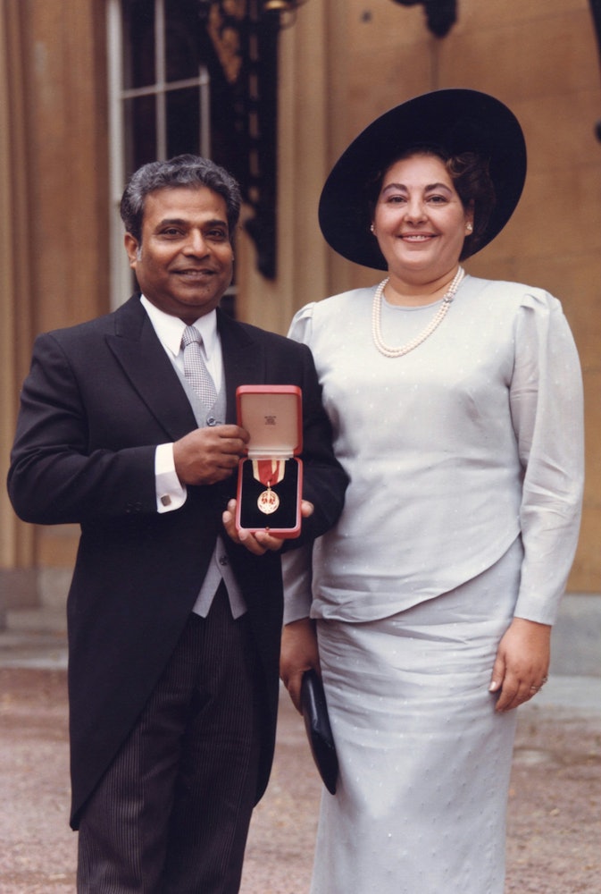 Sir Harry Tivvengadum and his wife, Ilahih, in London, after his knighthood, 1987.