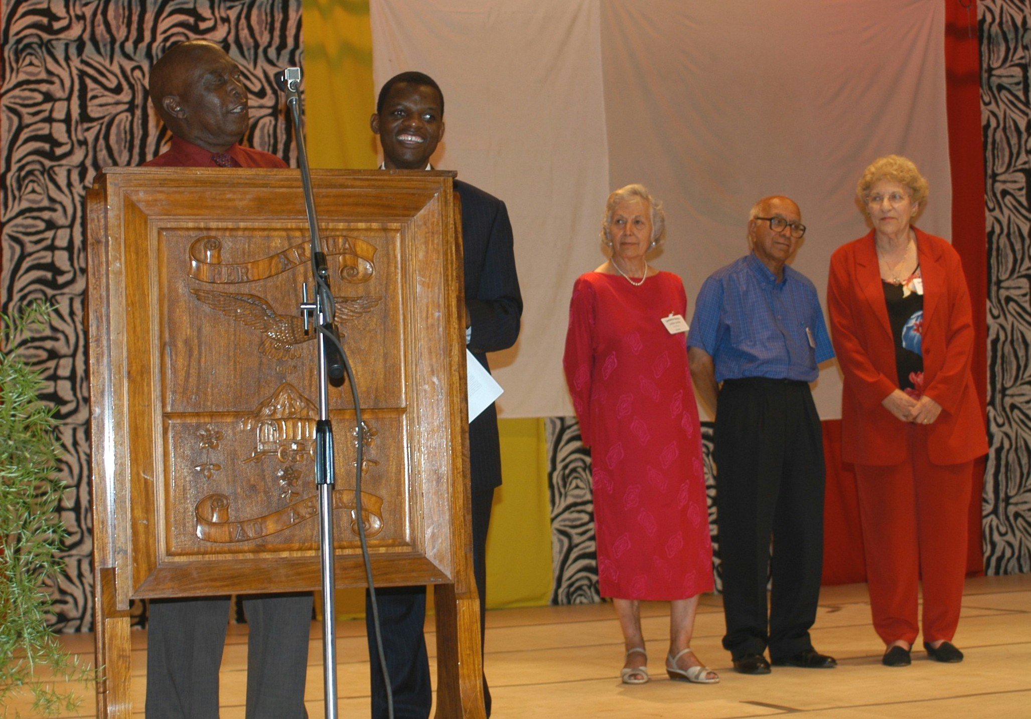 Early Baha'is of Zimbabwe with the master of ceremonies... (left to right) Douglas Kadenhe, Jonah Mungoshi (MC), Nura Steiner (Faridian), Enayat Sohaili, Sylvia Benatar.