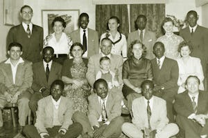 (Front, left to right) Charles Zauyamakando, Dundusa Chisiza, Bernard Toni, Salvator ("Sue") Benatar, (middle, left to right) Shidan Fat'he-Aazam, Willie Msarurwa, Claire Gung (Knight of Baha'u'llah), Larry Hautz with Denny Fat'he-Aazam, Helen Hope, Masten Mganhiri, Carol Hautz, (back, left to right) Melvin Hope, Sylvia Benatar, Isaac Kachuwendi, Joan Chalker, Moses Makwaya, Florence Fat'he-Aazam, Nathan Shamuyarira.