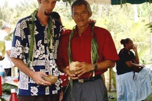 Daniel Pierce of Tahiti (left) and Ato Tuhei, a pastor from the Keretitiano church.