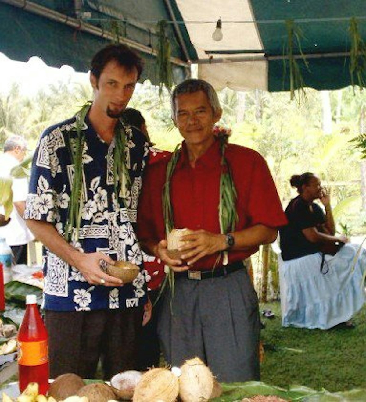 Daniel Pierce of Tahiti (left) and Ato Tuhei, a pastor from the Keretitiano church.
