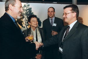 Baroness Ludford with Michael Gahler (right), a German member of the European Parliament, and Baha'i representatives Barney Leith (left) and Daniel Wheatley (second from right). Photo by European Parliament.