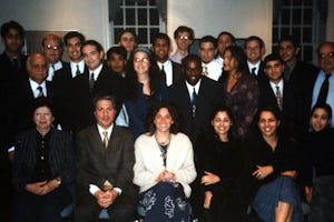 Amine Gemayel, former president of Lebanon (second left, front row), was a guest speaker in May 2001 at a class of Prof. Bushrui (left, second row), at the University of Maryland.