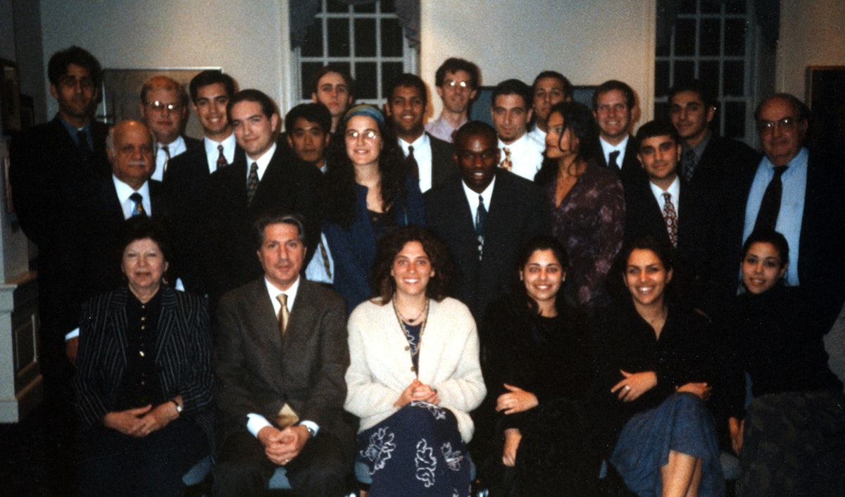 Amine Gemayel, former president of Lebanon (second left, front row), was a guest speaker in May 2001 at a class of Prof. Bushrui (left, second row), at the University of Maryland.