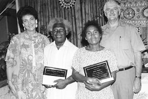 Keithie Saunders (left) and Bruce Saunders (right) with recipients of the Blum's Community Service Award, 1993: (second from left) Abraham Bainasia, representing the Solomon Islands Development Trust, and (second from right) Onyx Oifuru.