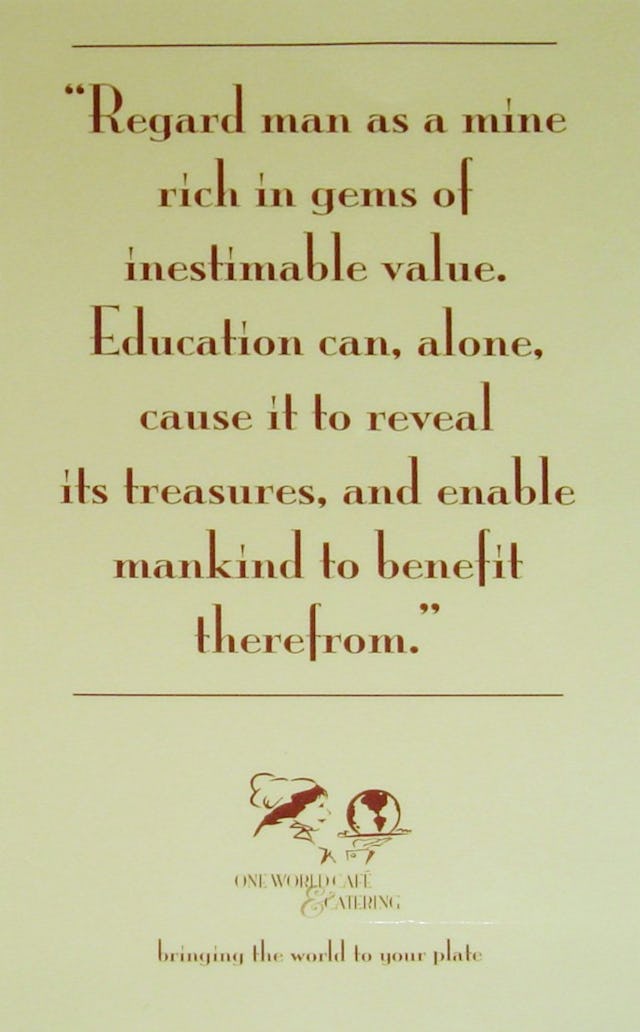 A quotation on one of the menu cards in the One World Cafe.