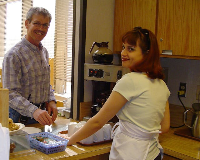 Customer Rick Fedorchuk with staff member Marina Harbord.
