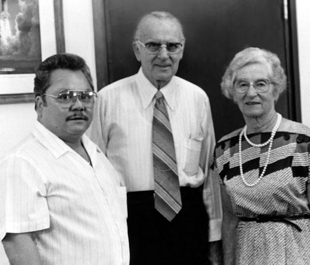 Collis Featherstone (center) and Mrs. Featherstone with the Governor of the the Commonwealth of the Northern Mariana Islands, Pedro Tenorio, 1985.