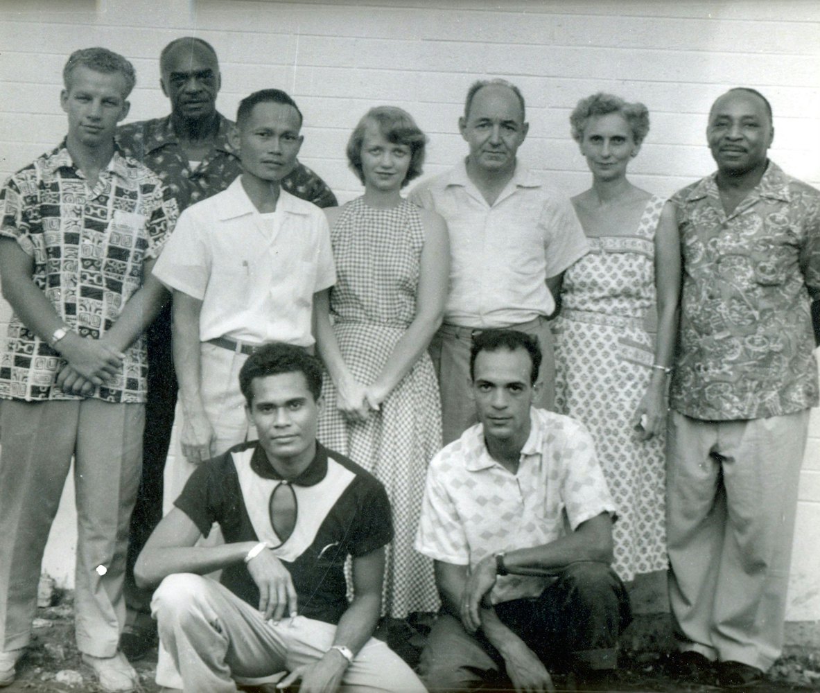 The first Local Spiritual Assembly in the Marianas, 1956. At rear, left, is Robert Powers. At front, left, is Joe Ilengelkei.