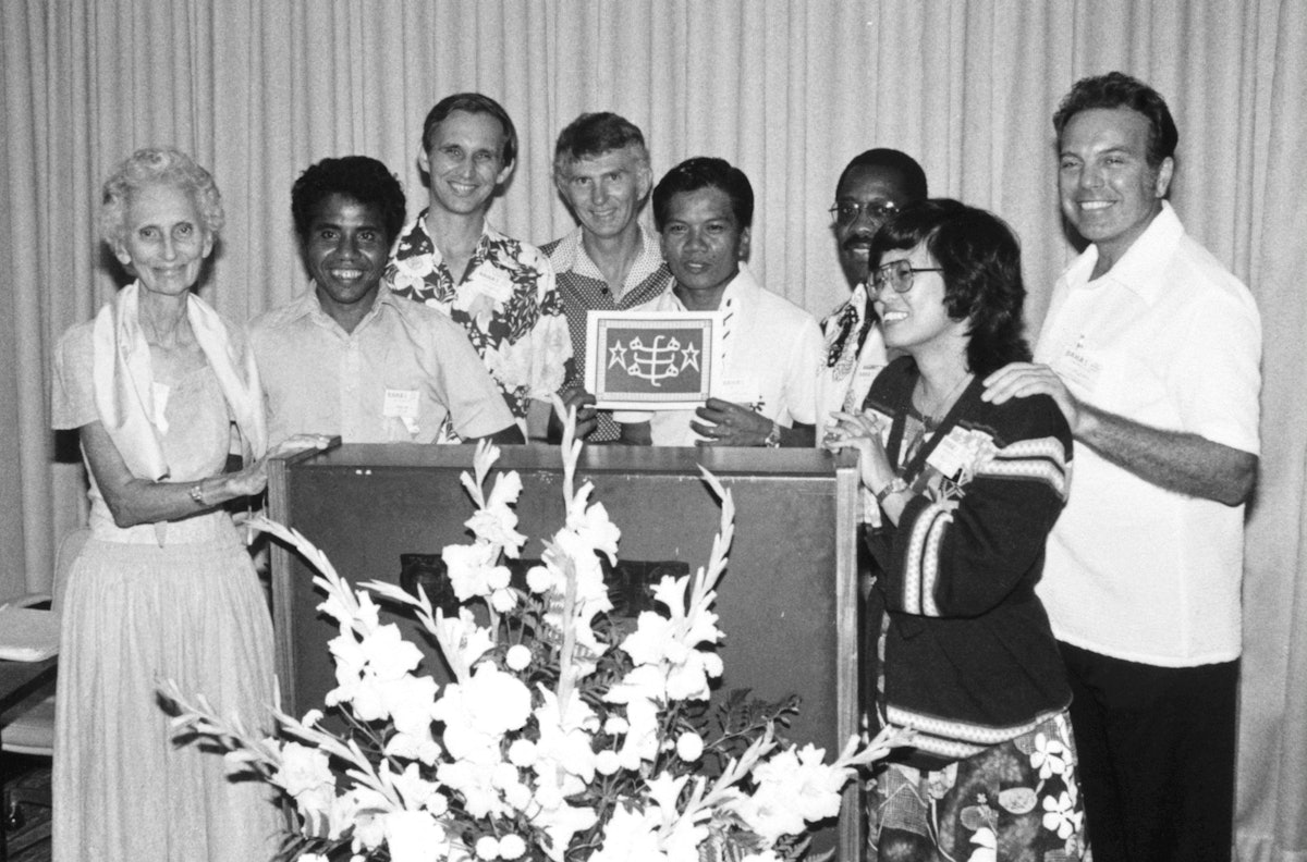 Eight of the nine members of the first National Spiritual Assembly of the Baha'is of the Mariana Islands, 1978.