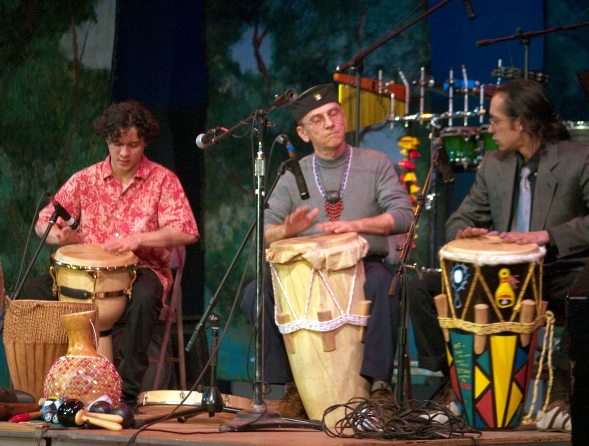 Family of percussionists... (Left to right) Shango, Istvan, and David Dely. Photo by Michael Frank.