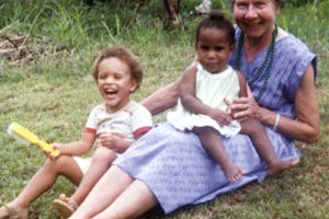 Violet Hoehnke with some young friends in 1986.