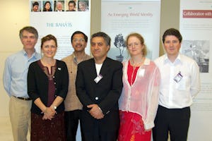 Among the Baha'i participants were (left to right) Robert Bennet (United Kingdom), Jan Saeed (United States), A.K. Merchant (India), Badi Daemi (Andorra), Denise Belisle (Canada), and Miguel Gil (Spain).