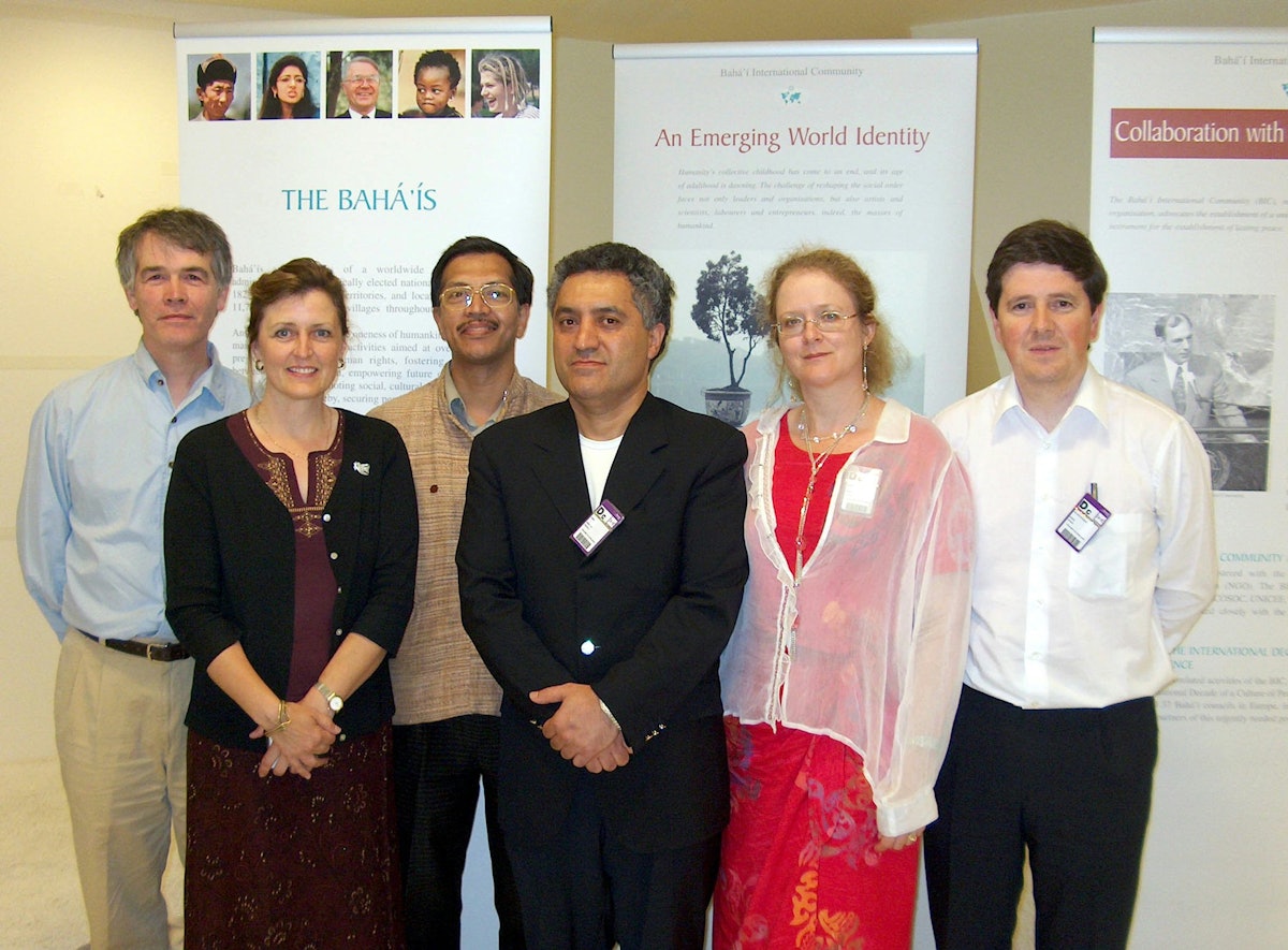 Among the Baha'i participants were (left to right) Robert Bennet (United Kingdom), Jan Saeed (United States), A.K. Merchant (India), Badi Daemi (Andorra), Denise Belisle (Canada), and Miguel Gil (Spain).