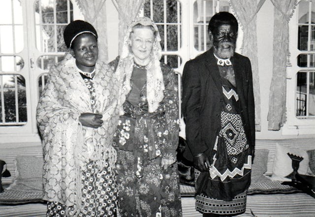 Madame Ruhiyyih Rabbani (center) with Princess Gcinaphi (left), and Chief Zwangendaba Dlamini, at the Baha'i World Centre, Haifa, Israel, 1984.