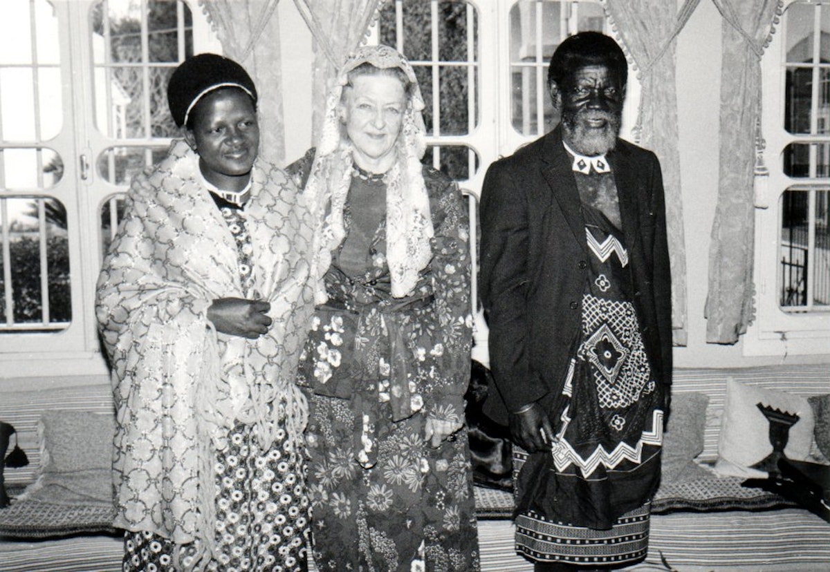 Madame Ruhiyyih Rabbani (center) with Princess Gcinaphi (left), and Chief Zwangendaba Dlamini, at the Baha'i World Centre, Haifa, Israel, 1984.