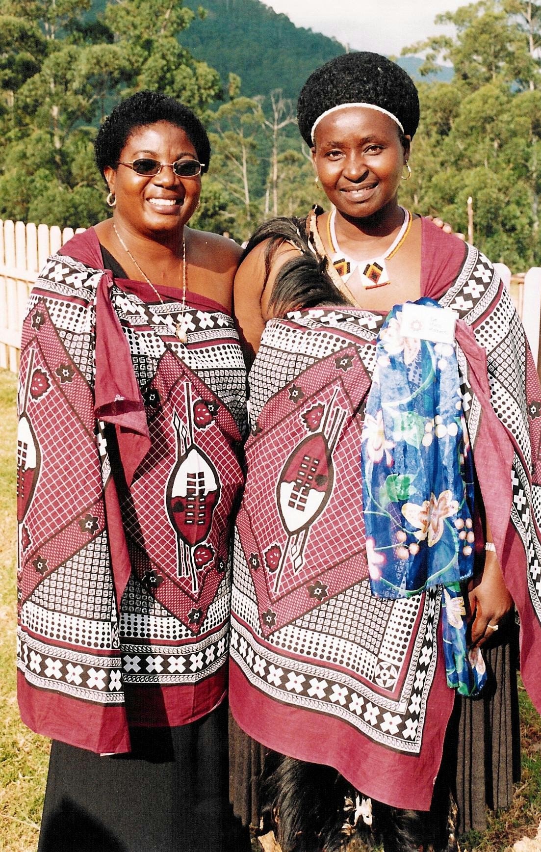 Wearing traditional dress at the jubilee: Maina Mkandawire (left) and Eva Mnisi. Photo by Linda Blair.