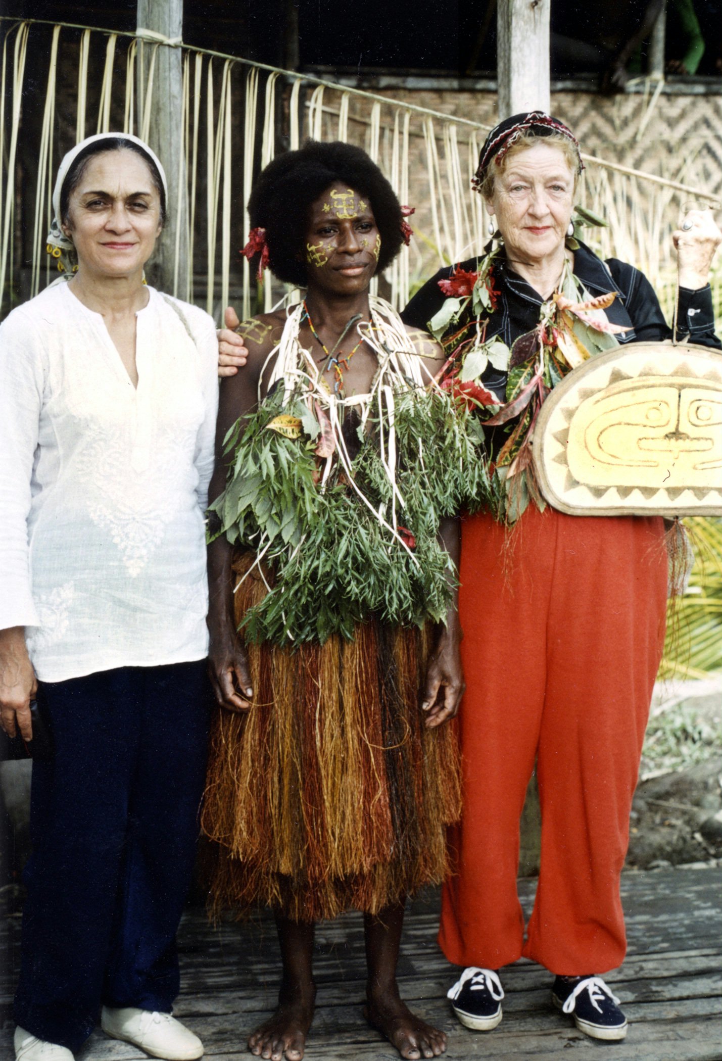 Madame Ruhiyyih Rabbani, a Hand of the Cause, and Violette Nakhjavani with a Baha'i who hosted them at Aumu village, 12 July 1984.