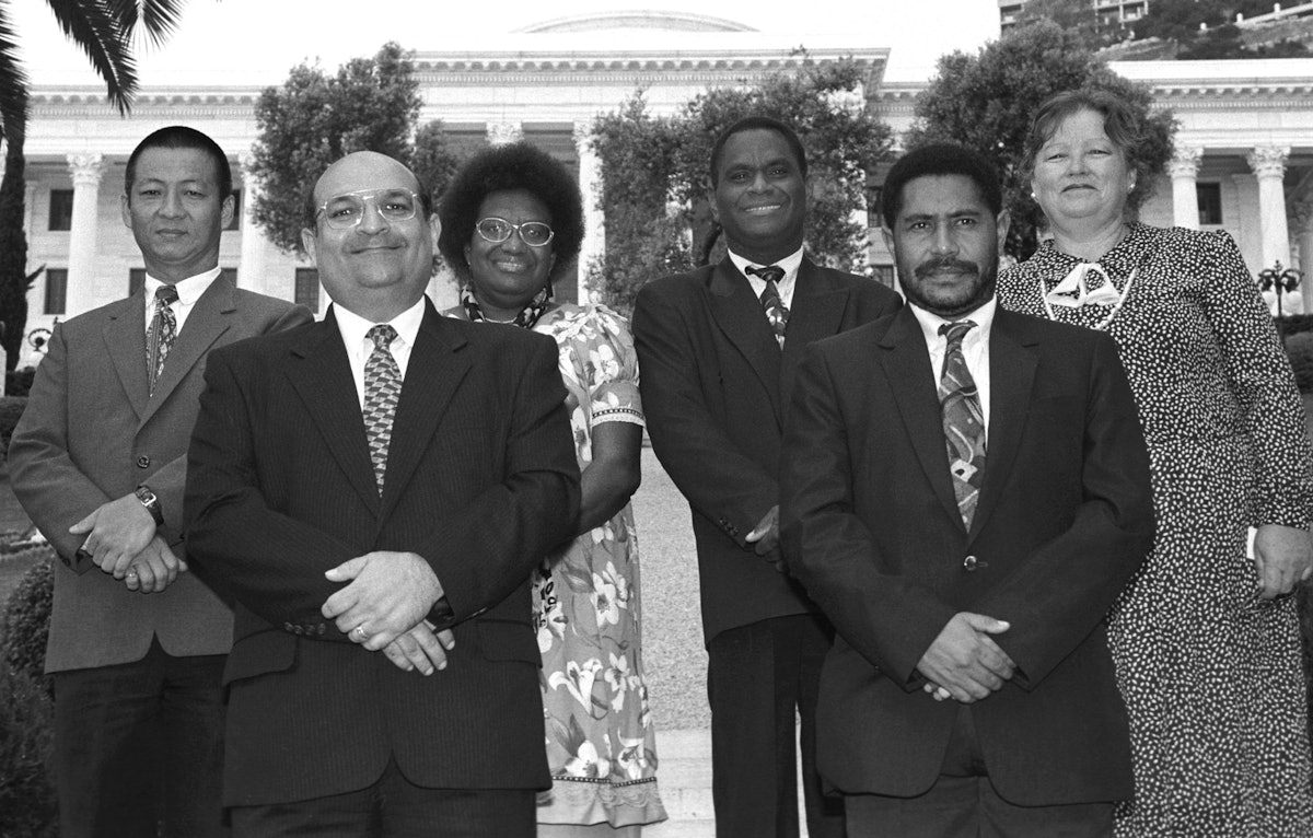 Six members of the National Spiritual Assembly of the Baha'is of Papua New Guinea at the Baha'i International Convention, Haifa, Israel, 1998.