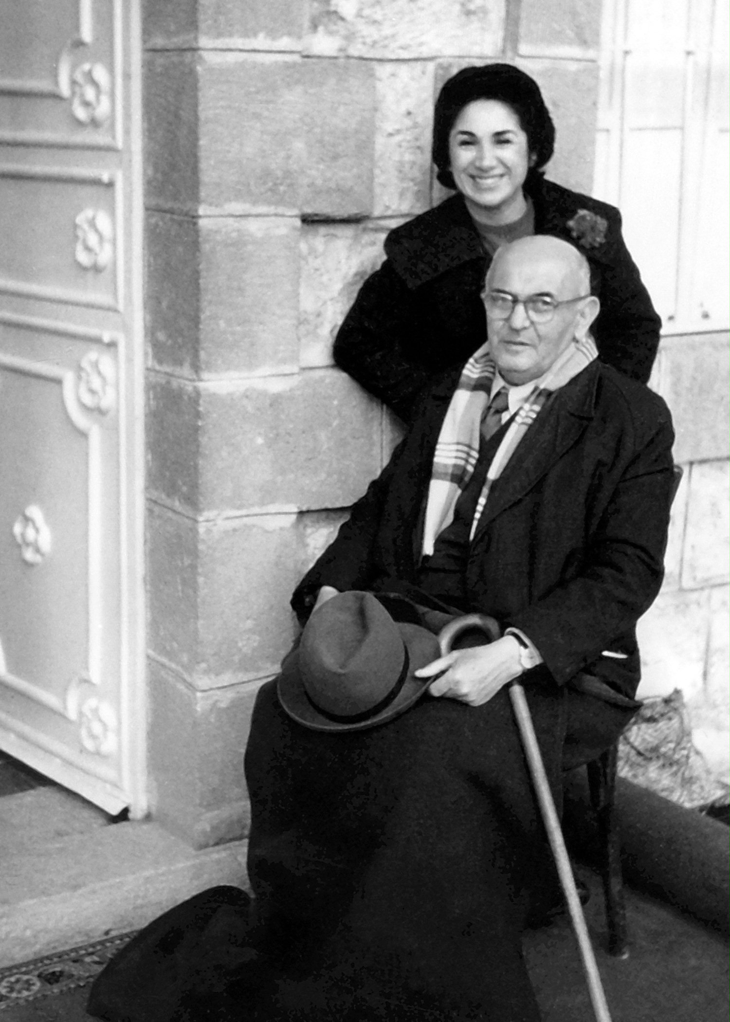 Gloria Faizi and Lutfu'llah Hakim, member of the Universal House of Justice (1963-1968), outside the Shrine of the Bab, Mount Carmel, Haifa, Israel.