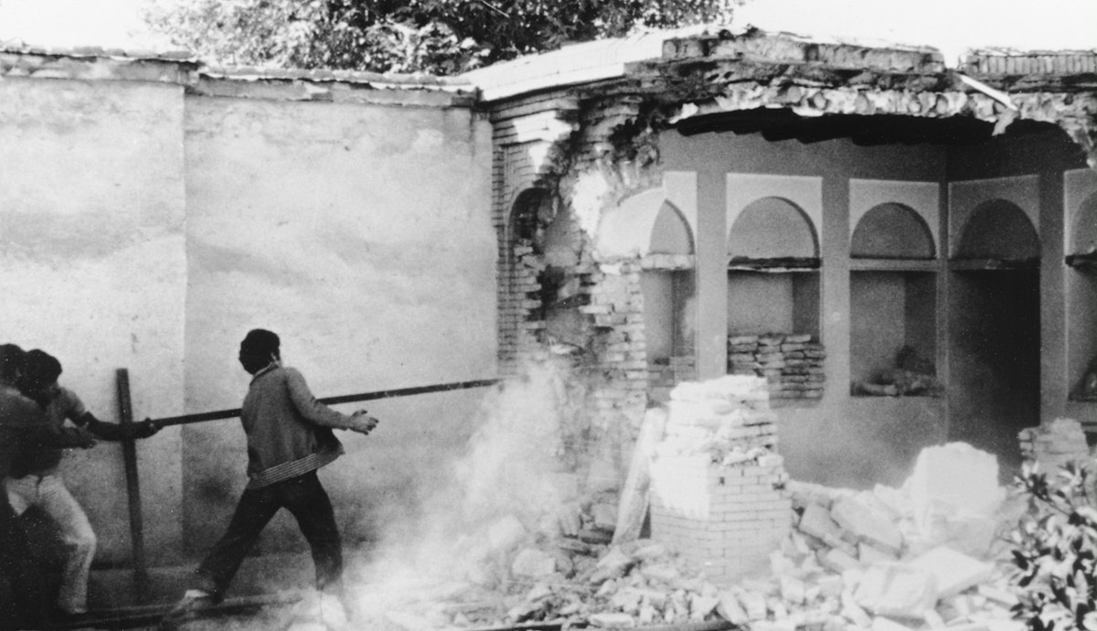The House of the Bab in Shiraz, Iran, one of the holiest sites in the Baha'i world, being destroyed by revolutionary guardsmen in 1979. It was later razed by the Government.