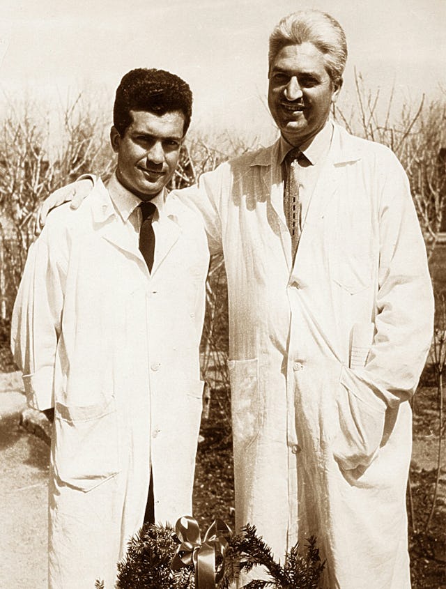 Sirus Naraqi (left) with his professor at medical school, Iran, 1967.