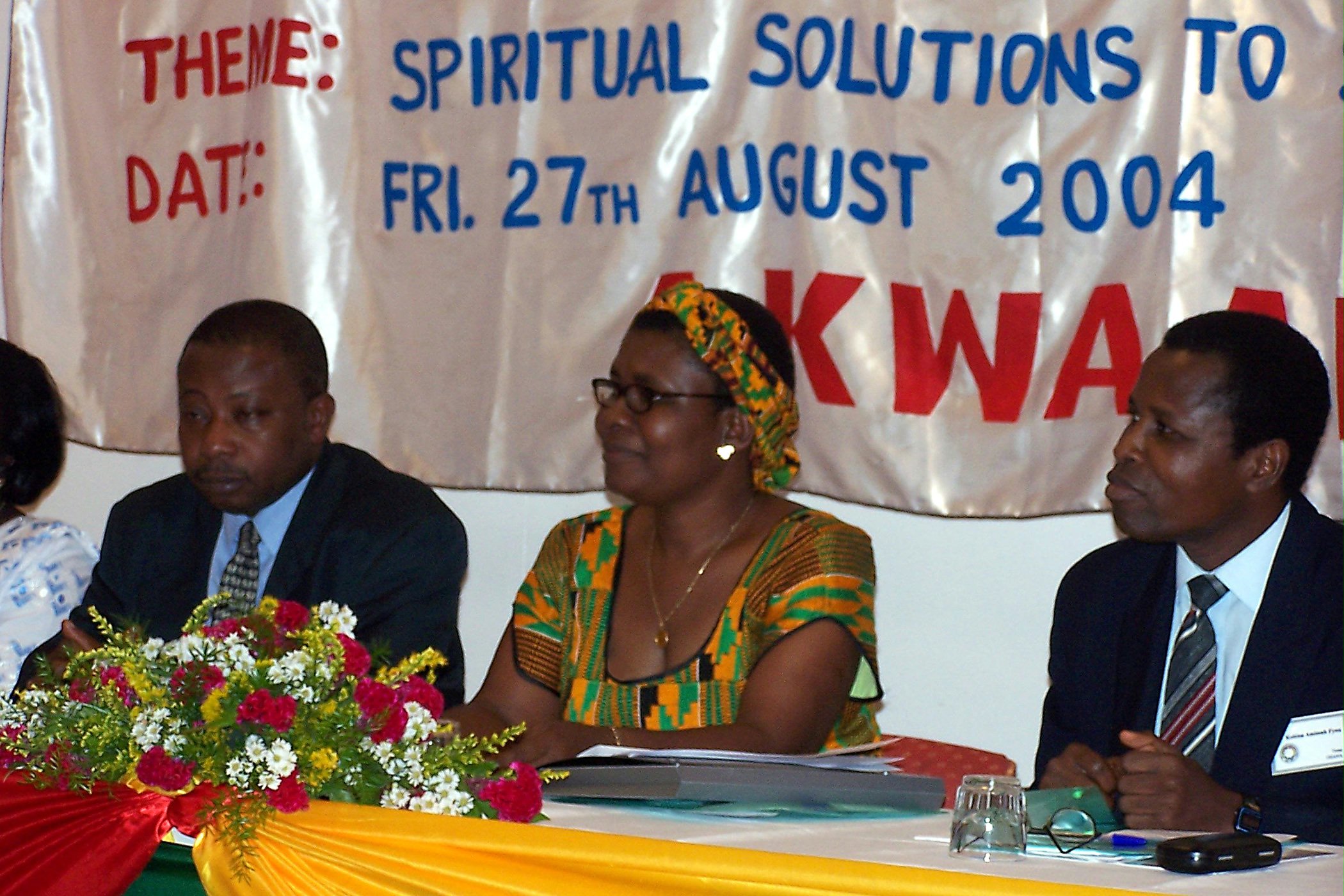 Dignitaries at the official table included (left to right) Kwaku Agyeman Manu, Deputy Minister of Finance and Economic Planning, Agatha Gaisie-Nketsiah, an Auxiliary Board member, and Kobina Amissah Fynn, a member of the Continental Board of Counsellors in Africa. Photo by Adwoa Ulzen.