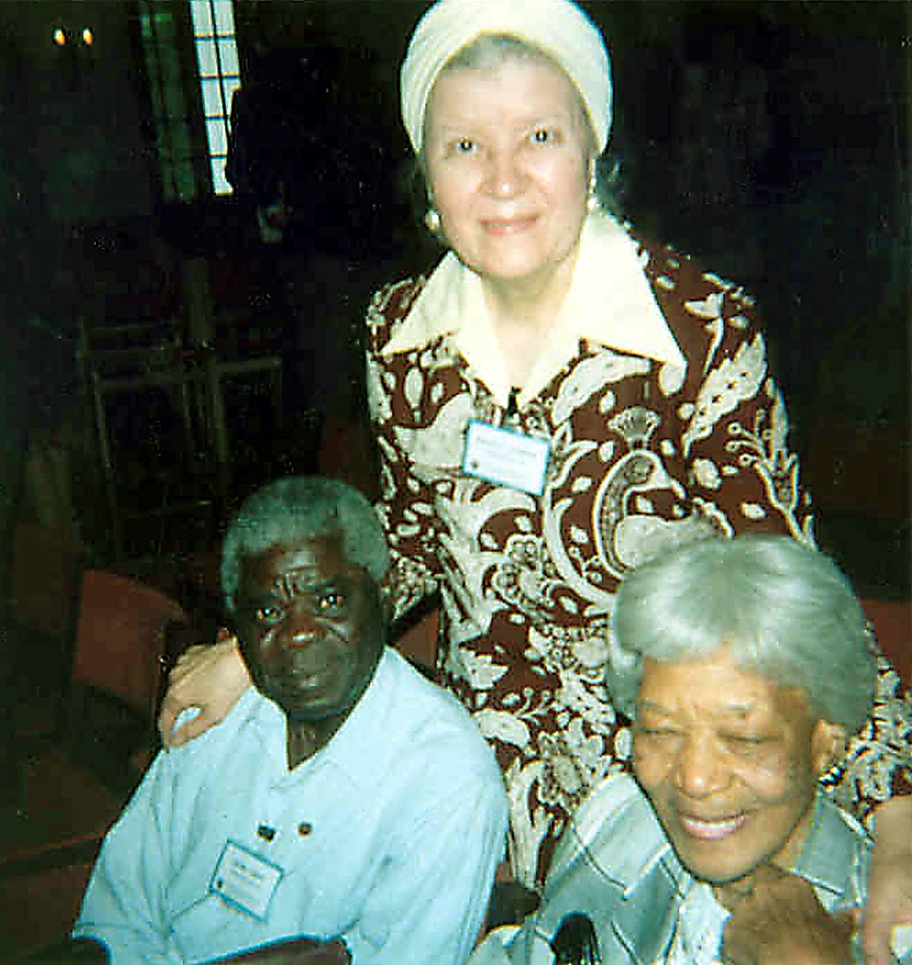 The people who introduced the Baha'i Faith to Togo: (left to right) David Tanyi, Mavis Nymon, Vivian Wesson. Baha'i World Centre, Haifa, Israel, 1992.