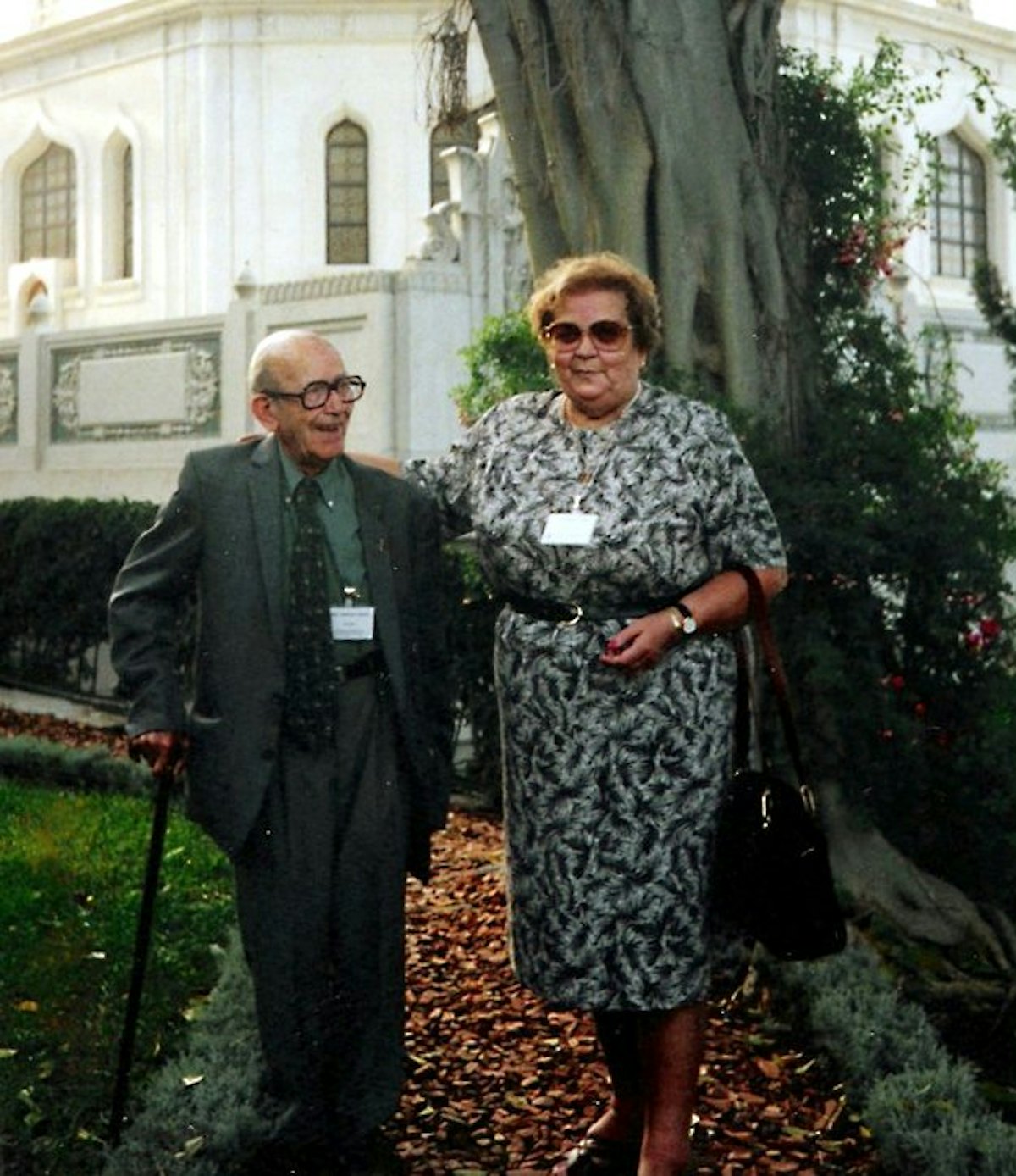 Andorra Baha'is near the Shrine of the Bab in Haifa, Israel, 1992...Carmen Tost Xifre de Mingorance (right) and Emili Armengol Theron. Mrs. Mingorance and her husband, Jose Mingorance Fernandez, were the first residents of Andorra to become Baha'is.