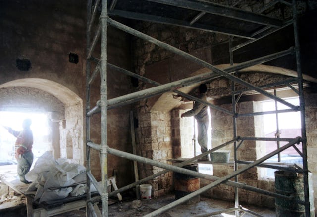 Restoration work under way in Baha'u'llah's cell.