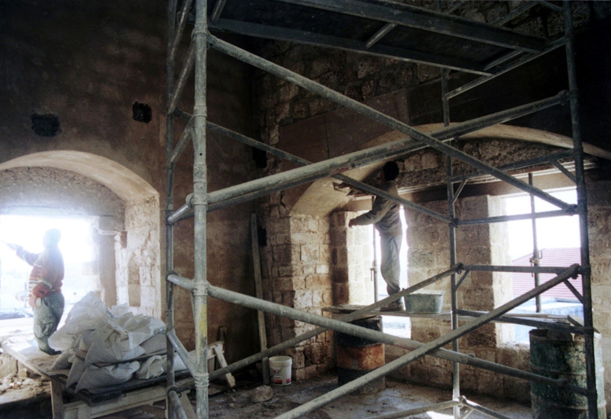 Restoration work under way in Baha'u'llah's cell.