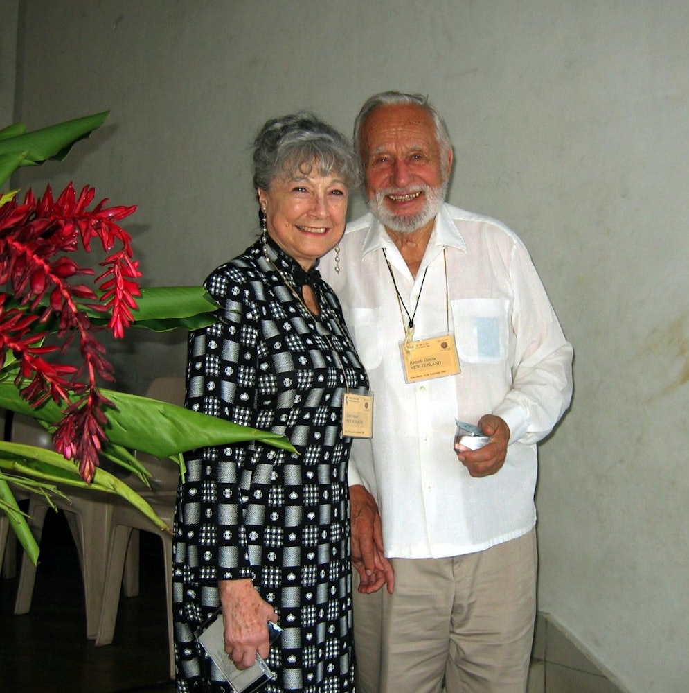 Gina and Russ Garcia, Baha'is from New Zealand, at the jubilee. In 1968 the Garcias, originally from the United States, sailed in Samoa on their vessel, Dawnbreaker, with other Baha'is and introduced the Faith to many people.