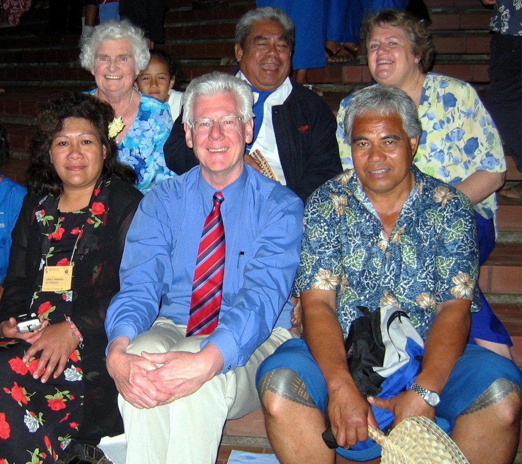 Some participants at the Baha'i jubilee celebrations in Samoa. Back row (left to right) Enid Denton, Sam Ale, Karen Te'o. Front row (left to right) Afioa'e Ma'aelopa, John Walker, Peni Te'o.