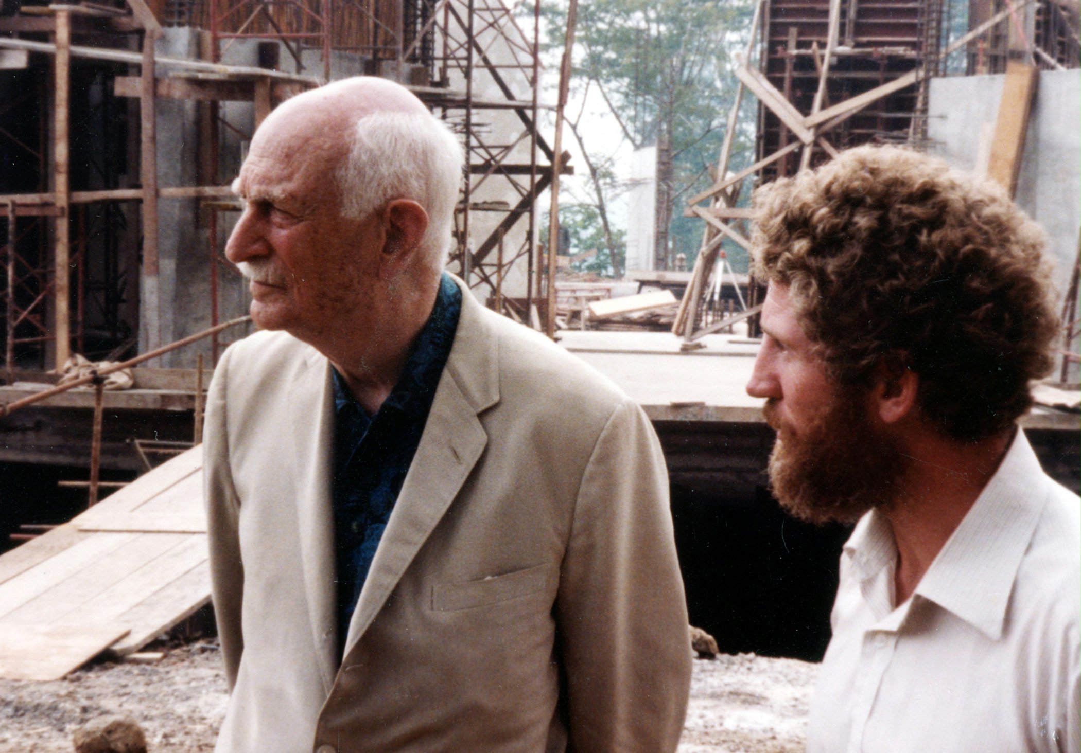 At the Temple site during construction in 1982...Hand of the Cause of God Dr. Ugo Giachery (left) with an engineer on the project, John Land.