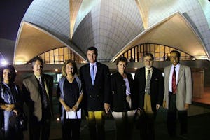The official party during a visit to the Baha'i Temple in India in November 2004.(From left to right): The secretary of the National Spiritual Assembly of the Baha'is of India, Farida Vahedi, the ambassador of Romania to India, Vasile Sofineti, Mrs. Sofineti, Prince Radu von Hohenzollern-Veringen, Crown Princess Margareta of Romania, Temple architect Fariborz Sahba, Temple public relations general manager Shatrughun Jiwnani.