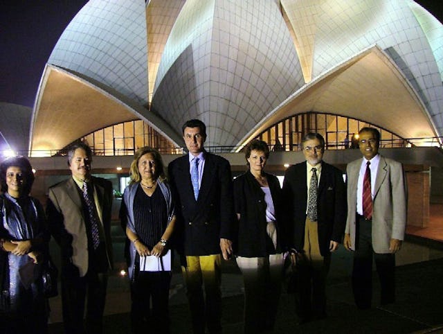 The official party during a visit to the Baha'i Temple in India in November 2004.(From left to right): The secretary of the National Spiritual Assembly of the Baha'is of India, Farida Vahedi, the ambassador of Romania to India, Vasile Sofineti, Mrs. Sofineti, Prince Radu von Hohenzollern-Veringen, Crown Princess Margareta of Romania, Temple architect Fariborz Sahba, Temple public relations general manager Shatrughun Jiwnani.