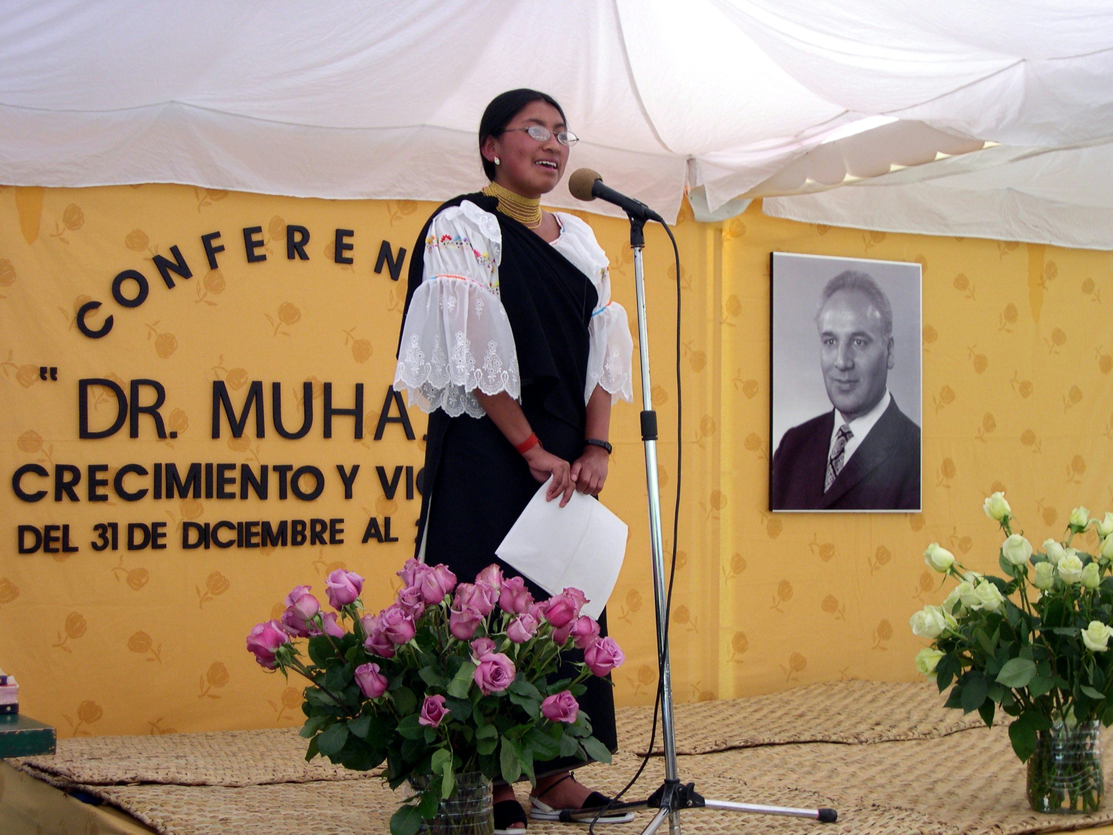 Anita Vega of Otavalo, Ecuador, presents an address on the topic "The Dynamic Force of Example" at the "Growth and Victories" conference.