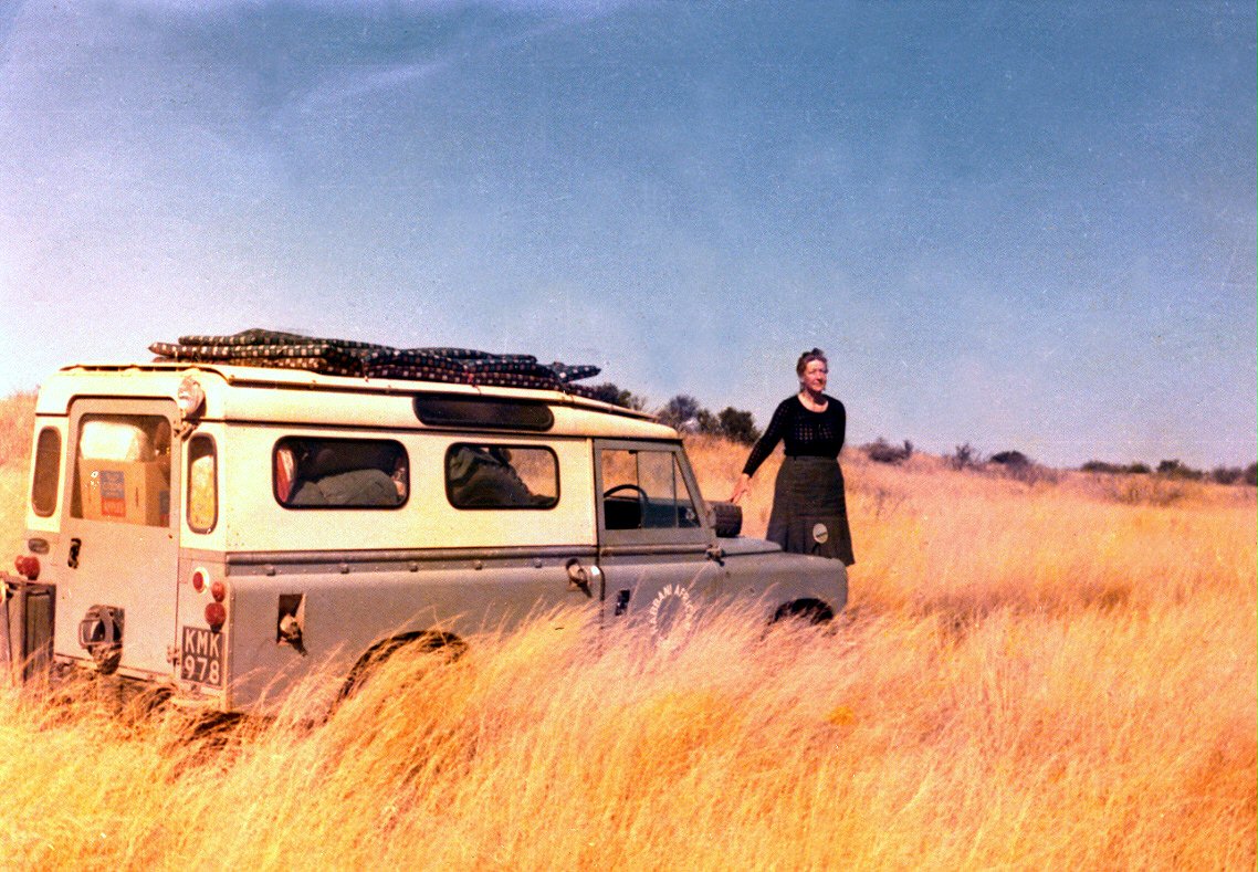 Madame Ruhiyyih Rabbani, a Hand of the Cause of God, on her visit to the Bushmen (San) people in Botswana, 1972.
